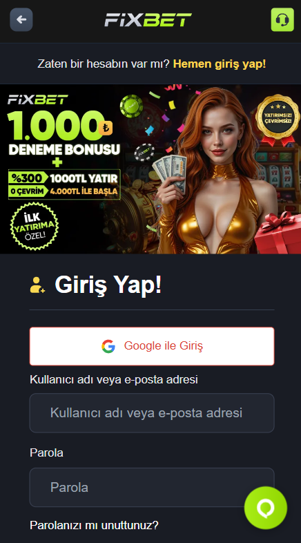 Fixbet kayıt formu
